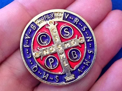 Rare Gold St BENEDICT Pocket Token Protection 1-1/8  Saint Medal ENAMEL Red Blue • $17.14