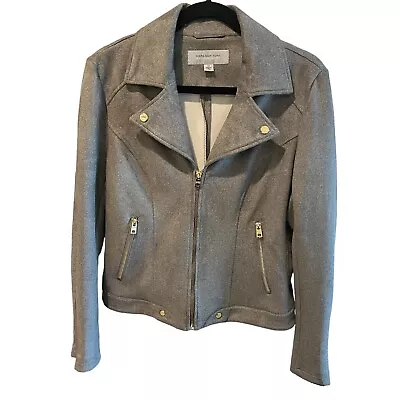 Marc New York Moto Jacket Blazer Med  Faux Leather Suede Gray Gold Trim Zips • $32.88
