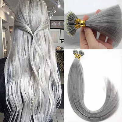 Nano Ring Tip Human Hair Extensions Silvery Grey Nano Micro Beads Link Hair 100g • $89