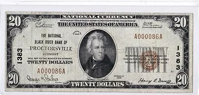 $20 1929 T1 National BLACK RIVER PROCTORSVILLE Vermont VT Mega Rare 3 On Census! • $375