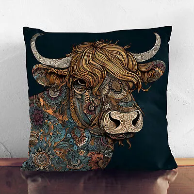 Plump Cushion Highland Cow Paisley Art No.2 Scatter Throw Pillow Cover Filled • £19.95