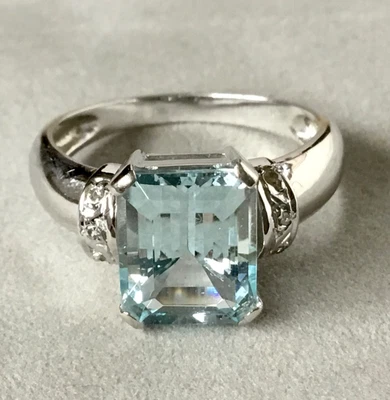 £365 • Buy 18ct 18K 750 WHITE GOLD, DIAMOND, 3.5ct EMERALD CUT AQUAMARINE RING 4.3g UK O