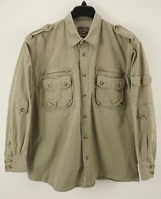 Vintage Cabela's Safari Men's Large Long Sleeve Beige Canvas Epaulet Field Shirt • $29.98