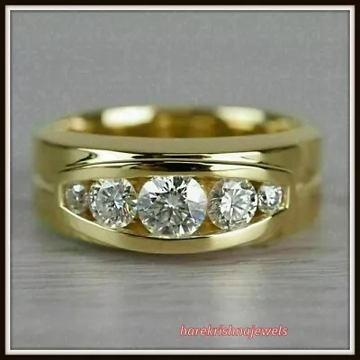 2CT Round Cut Lab Created Diamond Men's Wedding 5-Stone Ring 14K Yellow Gold FN • $142.08