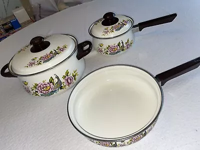 Vintage 70s 80s Peacock Butterfly Porcelain Enamel Cookware 5 Pc Pot Pans Lids • $124