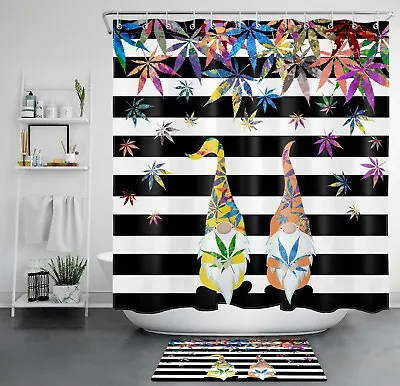 Cannabis Leaf Gnome Black White Stripe Shower Curtain Bathroom Accessories Set • $36.30