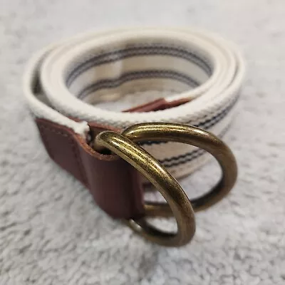 J Crew Cotton Canvas Leather Belt Ivory Navy Blue Striped Small Brass D Ring • $14.99