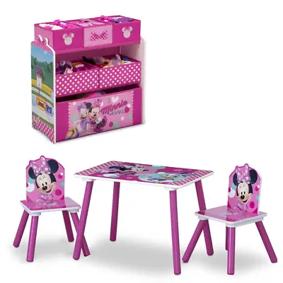 Minnie Mouse 4-Piece Wood Toddler Playroom Set Include Table 2 Chairs & Toy Bin • $93.99