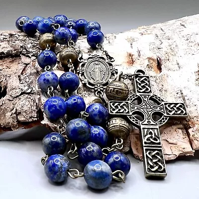 Handmade In Scotland Celtic Lapis Lazuli Rosary Beads Catholic Christian Cross • £62