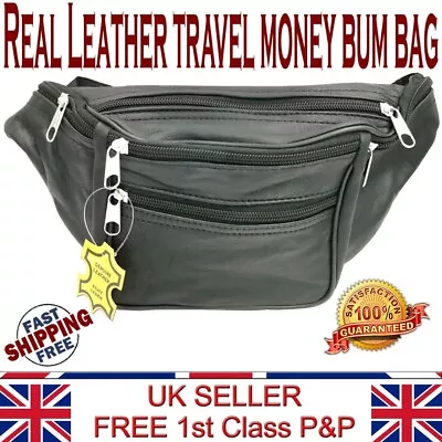 Black Leather Hip Waist Bum Bag Belt Purse 4 Pockets Bags Sports Holiday Travel • £7.99