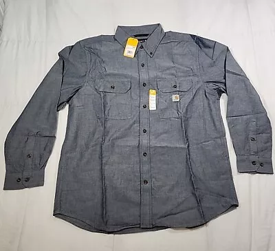 Large Carhartt Relaxed Fit Long Sleeve Chambray Button Down Shirt Denim Blue  • $29.99