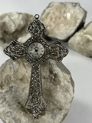 Vintage FABERGE Watch Necklace Pendant Marcasite Silver Tone Cross 3” As Is • $4.99