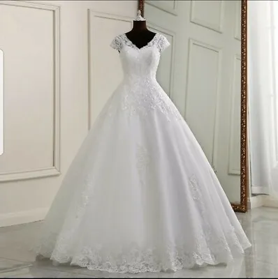 £199.59 • Buy UK White Ivory Cap Sleeve Beaded A Line Floor Length Wedding Dress Size 6-22