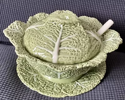 Vintage Bordallo Pinheiro Cabbage Light  Green Tureen Lid Ladle Under Plate • $75