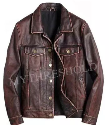 Mens Trucker Brown Real Genuine Leather Biker Cafe Racer Vintage Jacket • $125.22