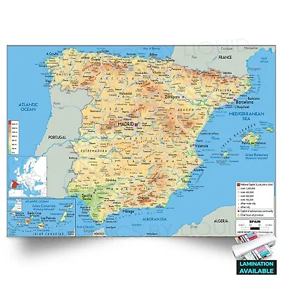 Map Of Spain Towns And Cities And Portugal Educational Poster A5 A4 A3 A2 A1 • £5.99