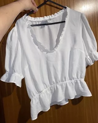 Topshop White Women’s Peplum V Neck Top Size 12 Petite Vgc Linen • £7.99