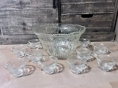 Indiana Glass Clear Harvest Grape Design Punch Bowl W 11 Cups Vintage Cut Glass • $99