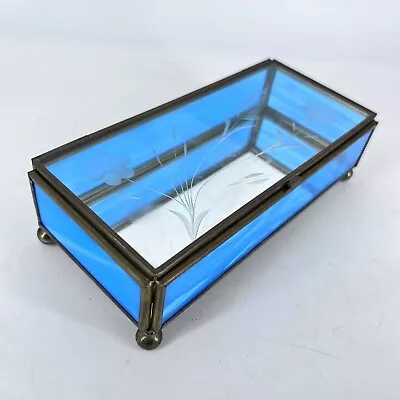 Vintage Via Vermont Etched Slag Glass Brass Footed Trinket Box Mirrored Blue • $26.40