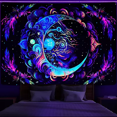 Blacklight Tapestry UV Reactive Tapestries Moon Mandala Tapestry Bohemian Tapest • $17.49