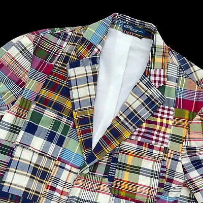 Vintage  44 R Polo By Ralph Lauren Patchwork Cotton Mens Madras Plaid Blazer • $295