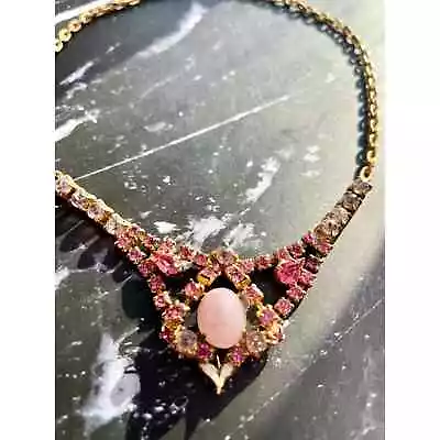 Pink Rhinestones 1950s Choker Necklace Art Deco Style Jewelry Czech Glass Bead • $27.29