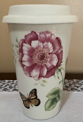 Lenox Butterfly Meadow 10oz Double Wall Ceramic Thermal Travel Mug Silicone Lid • £10.40