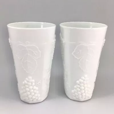 Indiana Milk Glass Tumblers 6” Set Of 2 Harvest Colony Panel Grapes Vintage • $14.99