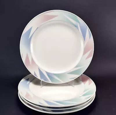 Mikasa Intaglio Fantazz Dinner Plates Pink Blue Green Rim 11  Set Of 4 • $27.99