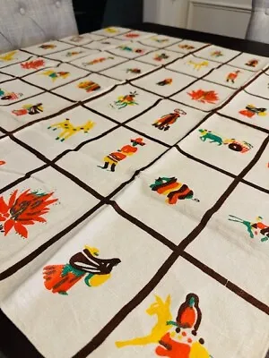 Vintage Tablecloth Mexican Folk Art Hand Screen Printed Linen Cinco De Mayo • $24