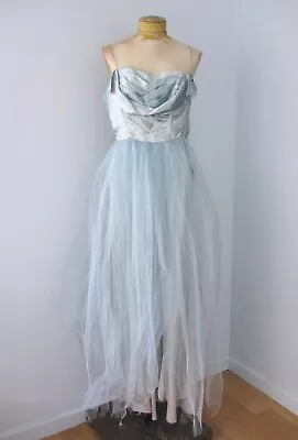 Vtg 50s Powder Blue Tiered Satin Tulle Rockabilly Prom Dress Spaghetti Strap M/L • $75