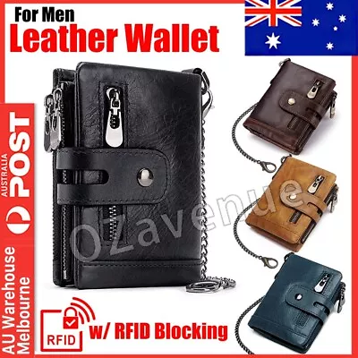 Men's RFID Blocking Wallet Genuine Leather Purse Card Slots Coins Holder Chain • $23.95