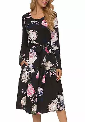 $26.12 • Buy Women's Flowy Striped Long Sleeve Pocket Modest Work Midi Dress W/Belt Black L