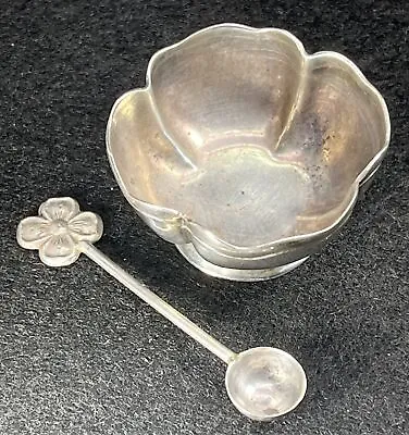 Vintage Maciel Sterling Silver Salt Cellar & Matching Spoon Lucky 4 Leaf Clover • $52.79