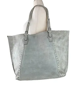 DV Tote Bag Mixed Media Gray Vegan Leather Studded Braided Large Top Handles EUC • $14.92