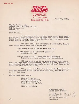 Pepsi-Cola Company NY Letter 1939 Rare Walter S. Mack Jr. • $55
