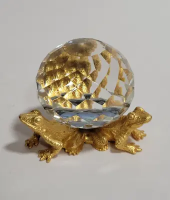 Vintage Round Faceted Crystal Ball W/Gold Tone Frog Stand Figurine Paperweight • $21.99