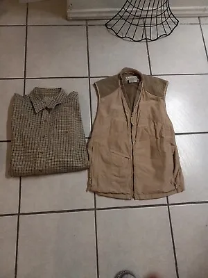 Lot Of 2  LL Bean Mens Flannel Brown Plaid Shirt & Brown Utility Vest  VTG Sz L • $19.99