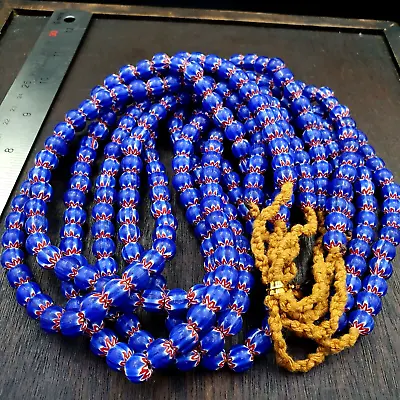 Vintage Old Blue Chevron Trade Beads Old African9-9.5mm Glass Beads Necklace • $45