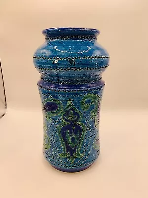 Vintage Bitossi Italy Rimini Azure Blue Paisley Glazed Ceramic Vase 8  Tall 69/3 • $74.99