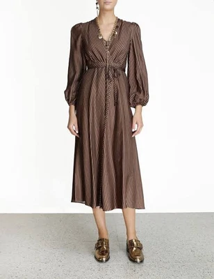 $150 • Buy Zimmerman Woman Gathered Striped Satin-Twill Midi Wrap Dress Brown Size 1