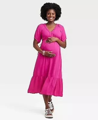 Isabel Maternity M Medium Pink Dress Elbow Sleeve Cinch Waist Woven Midi New • $14.88