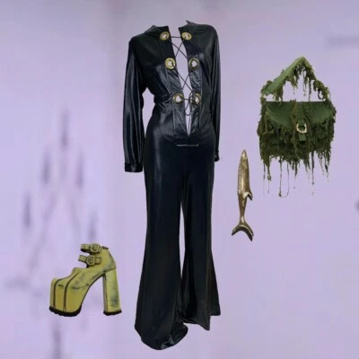 VINTAGE 70s BLACK WET LOOK CORSET LACED CATSUIT JUMPSUIT • £143.96