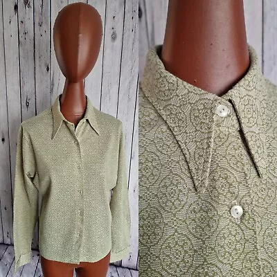 Vintage 1970s Spear Collar Blouse -Sz 16- Green Pattern Acrylic Deadstock BV32u • £17