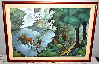 Vintage Balinese Fabric Painting Primitive Farmers Farming Signed Framed 18x26 • $175