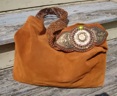 LEATHEROCK Brown Suede Leather Handbag Tote Large Shoulder Boho Hippie Western • $99.99