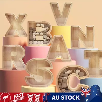 Wooden 26 English Letters Piggy Bank Desktop Crafts Coin Saving Money Box Gifts • $15.54