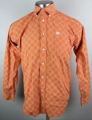 Mens Cinch Long Sleeve Button Front Shirt Orange White Size XS Relaxed Geometric • $19.99