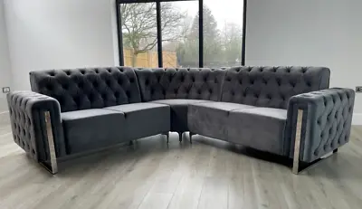Chesterfield Italian Design Tuxedo Corner Sofa Set Plush Velvet • £249.99