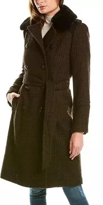 NWT Vince Camuto Wool Blend Double Breasted Trench Coat Black Brown Faux Fur • $57.65